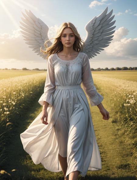 00084-1644951321-1girl, a beautiful angel walking down a field, wind blowing as a holy radiant light beams down.png
